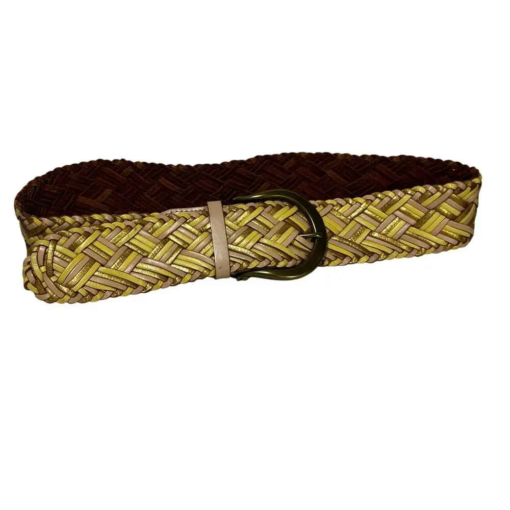 Linea Pella Multistrand braided leather belt wide beige nude yellow gold size L